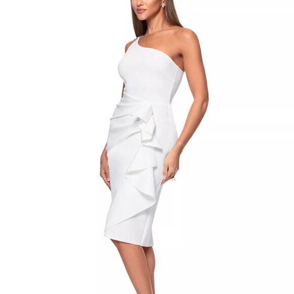 219$ AQUA Asymmetrical One Shoulder Scuba Bodycon Party Dress Size 8 Ivory - Picture 1 of 4